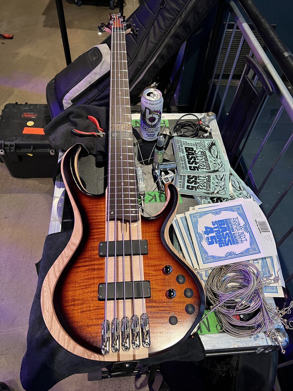 Amber flame-top Ibanez BTB five-string bass
