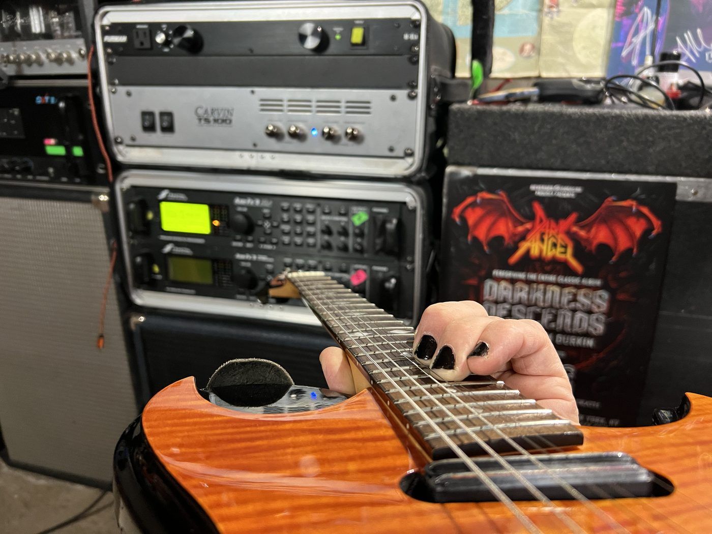 Guitar in front of a Carvin TS100 and Axe-Fx rack on the Darkness Descends run