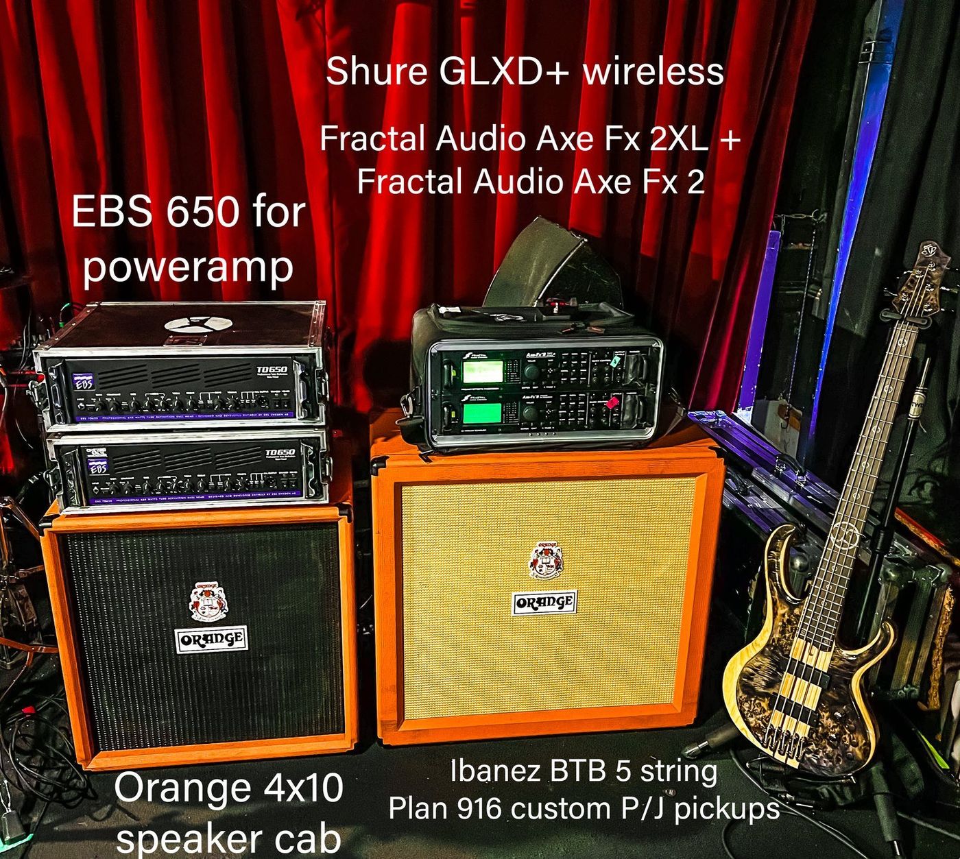 Backline from the 2023 Prong Europe run: EBS TD650 heads, the Axe-Fx II XL+ as the main rig with an Axe-Fx II as backup, Shure GLXD+ wireless, Orange cabs, Ibanez BTB five-string